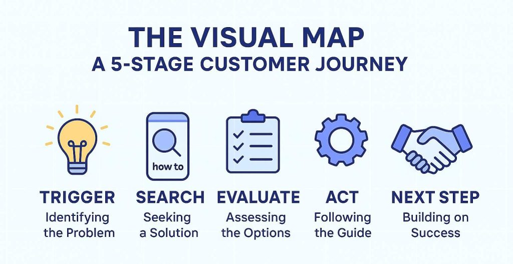 Infographic titled ‘The Visual Map – A 5-Stage Customer Journey,’ showing five stages in a horizontal layout: Trigger (lightbulb icon, Identifying the Problem), Search (smartphone with magnifying glass icon, Seeking a Solution), Evaluate (checklist icon, Assessing the Options), Act (gear icon, Following the Guide), and Next Step (handshake icon, Building on Success). Minimalist flat design with blue and yellow color accents on a light background.