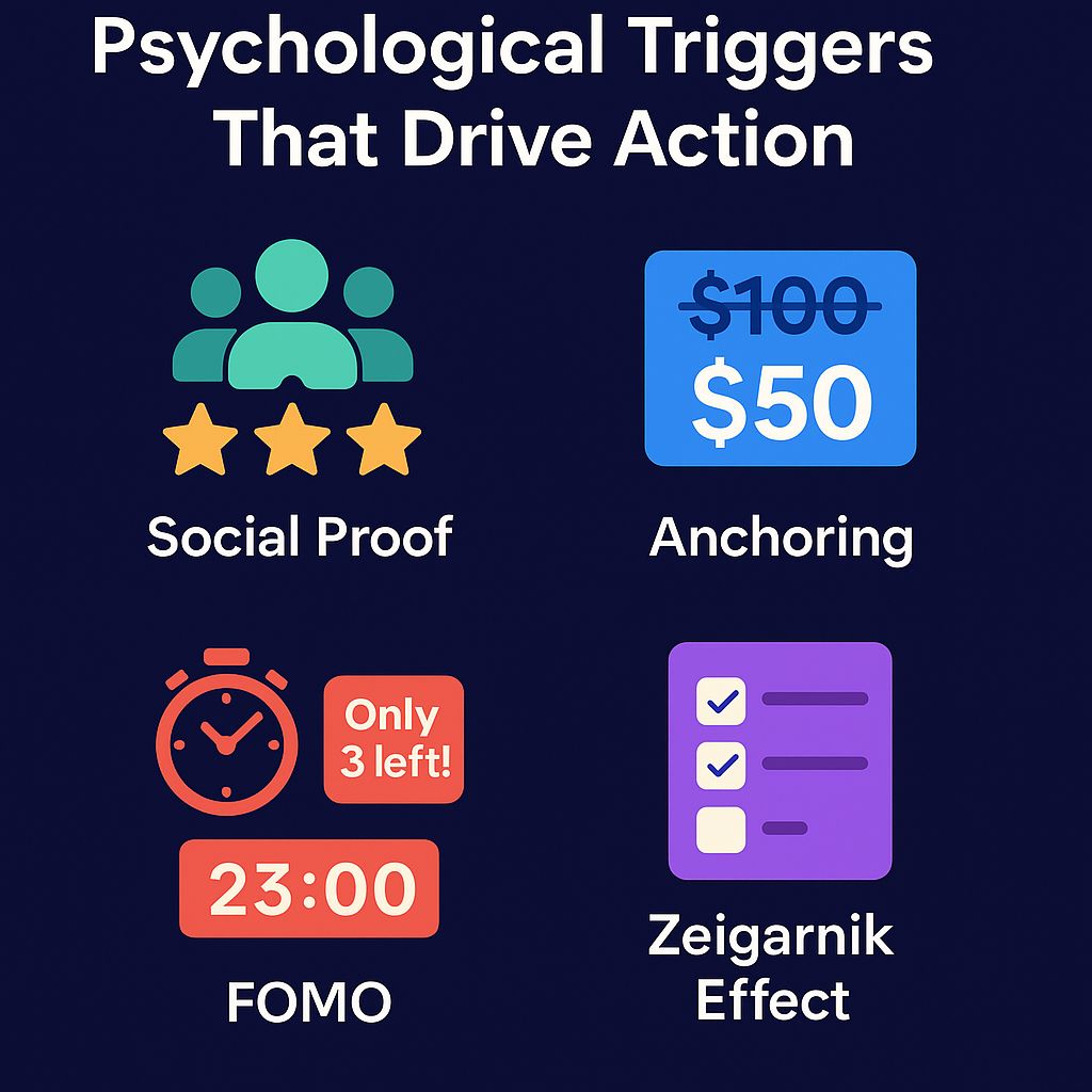 A grid of four illustrated tiles shows psychological triggers: a group of people with star ratings for social proof, a price tag with the original price crossed out for anchoring, a countdown timer with “Only 3 left!” for FOMO, and a half-complete checklist for the Zeigarnik Effect.